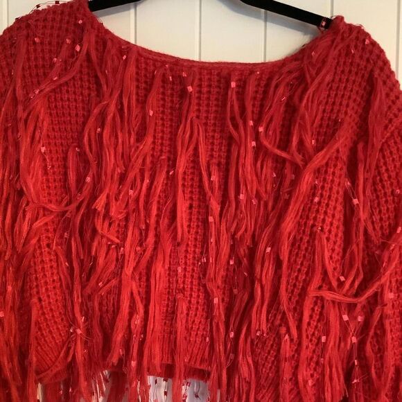 NWT SHEIN Sky Red Fringe Crop Sweater - Picture 3 of 6